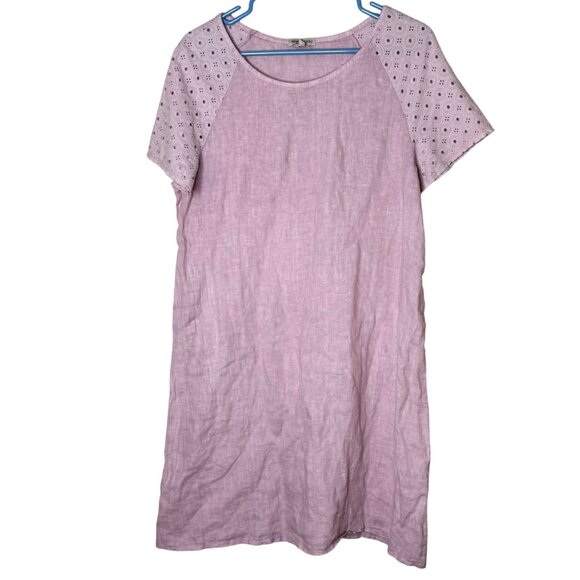 Marina Gigli Linen Dress L Pink Eyelet Sleeve Made in Italy Quiet Luxury Shift - Picture 1 of 6